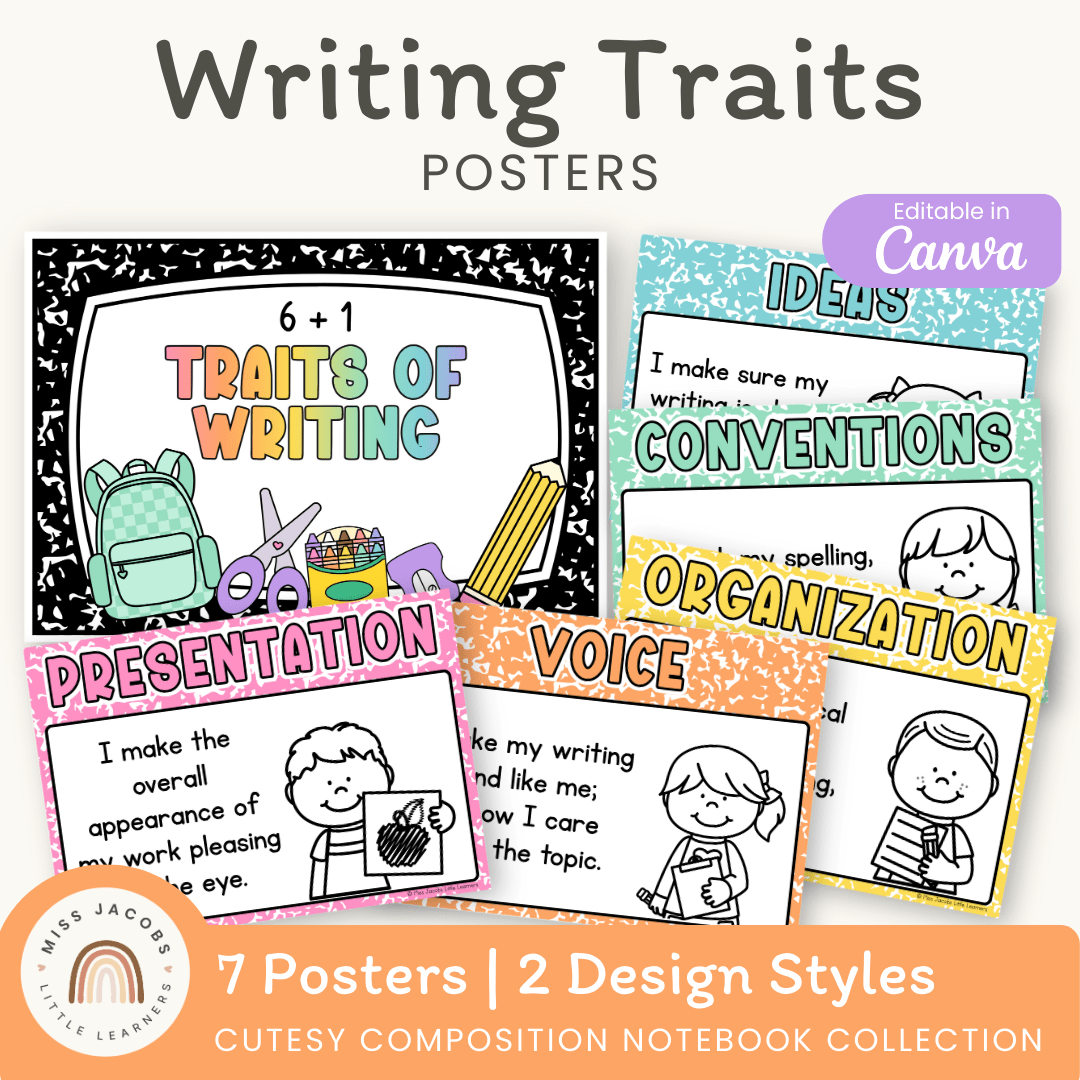 6 + 1 Traits of Writing Posters - Cutesy Composition Notebook English ...