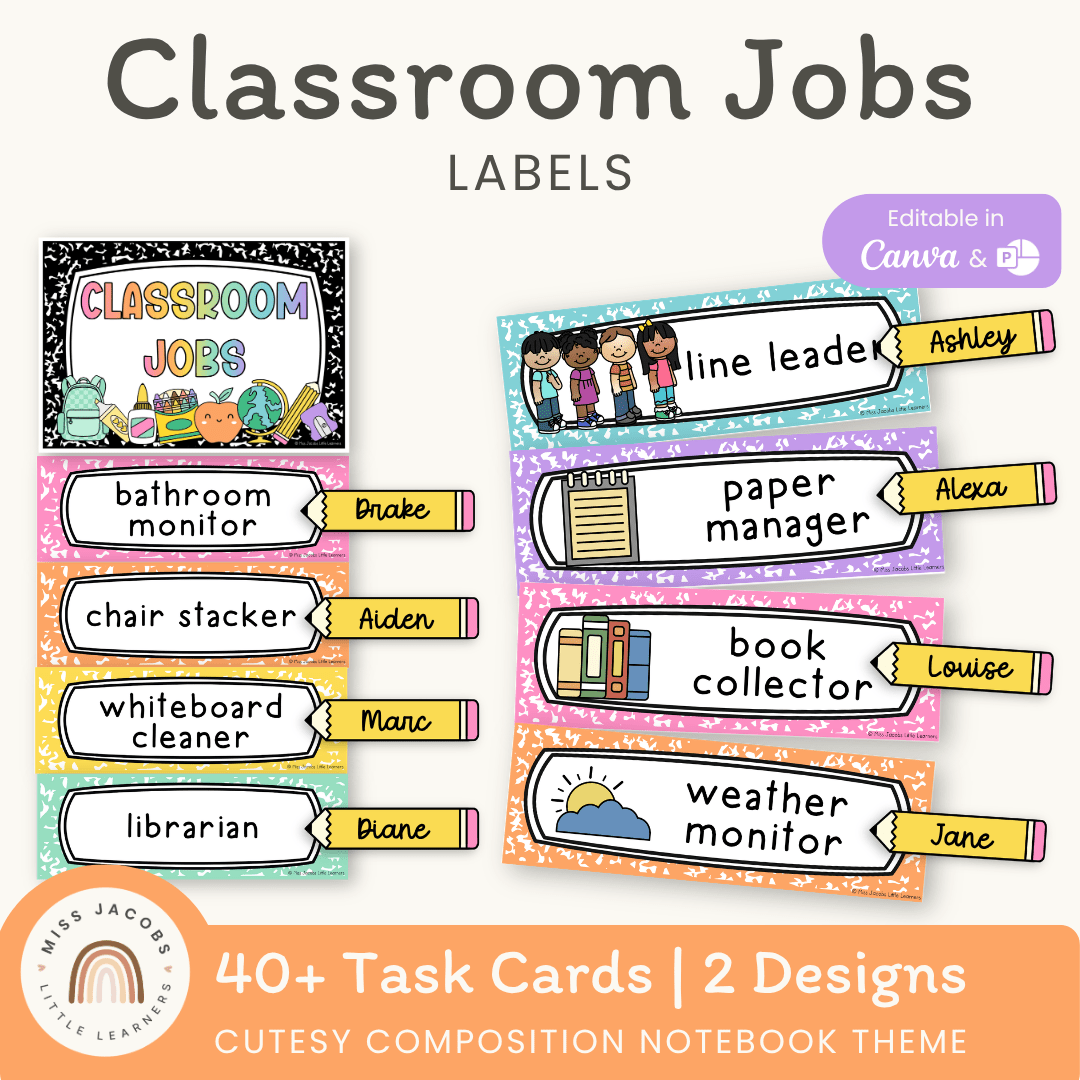 Classroom Job Chart - Cutesy Composition Notebook Decor – Miss Jacobs ...