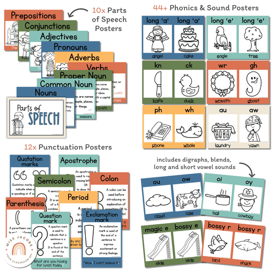 English Posters Reading and Writing Bundle - Cute Jungle Animals