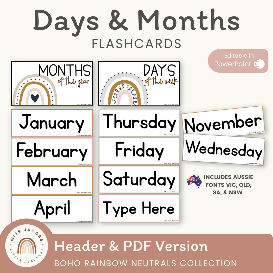 Days and Months - Boho Rainbow Neutrals Classroom Theme - Miss Jacobs ...