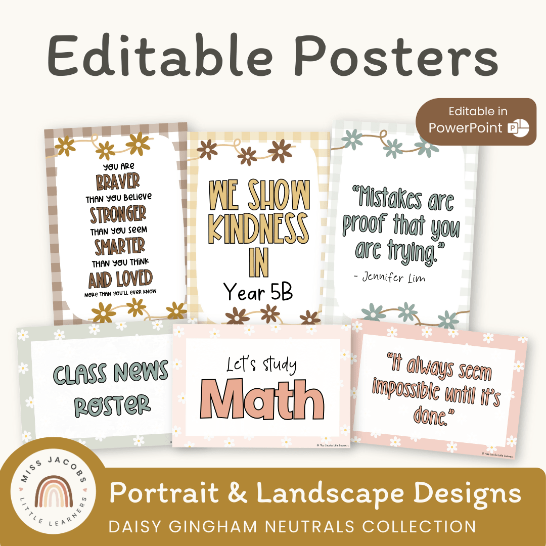 Editable Classroom Posters Templates - Daisy Gingham Neutrals Decor ...