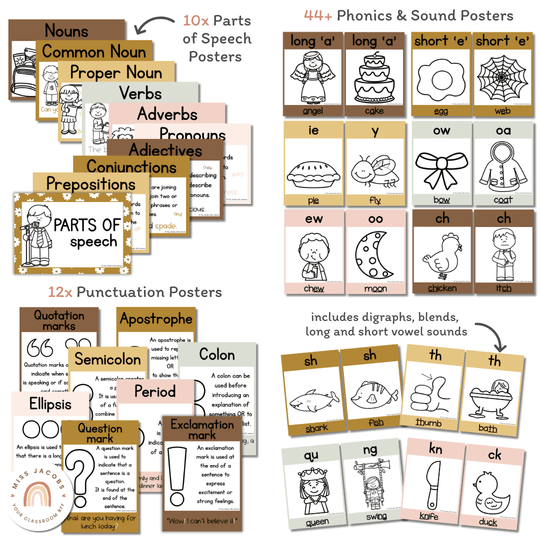 English Posters Reading and Writing Bundle - Daisy Gingham Neutrals