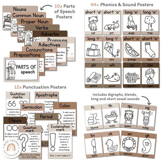 English Posters Reading and Writing Bundle - Neutrals Theme