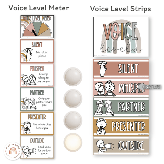 Voice Levels Chart - Boho Rainbow Neutrals Classroom Decor