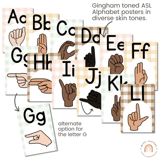ASL (American Sign Language) Alphabet Posters | Daisy Gingham Neutrals Classroom Decor - Miss Jacobs Little Learners