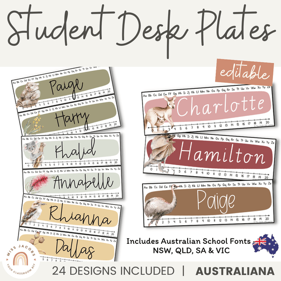 Student Desk Plates | Australiana Classroom Decor | Australian Flora and Fauna | Miss Jacobs Little Learners | Editable