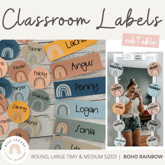 Boho Rainbow Classroom Labels Bundle | Editable Neutral Rainbow theme! - Miss Jacobs Little Learners
