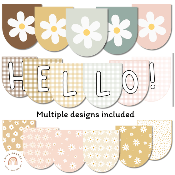Bunting and Display Banners | Daisy Gingham Neutrals Classroom Decor - Miss Jacobs Little Learners