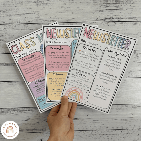 Classroom Newsletter Templates | Editable | Spotty Pastels Classroom Theme | Muted Rainbow Decor - Miss Jacobs Little Learners