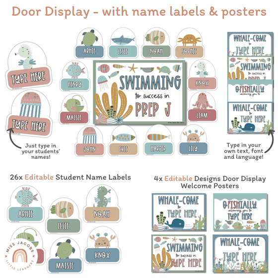 Cute Sea Life Classroom Labels Bundle | Editable Student Name Tags, Posters & Door Display - Miss Jacobs Little Learners