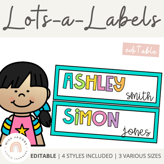 Editable Tray Labels, Classroom Labels & Name Tags Bundle {Rainbow Theme} - Miss Jacobs Little Learners