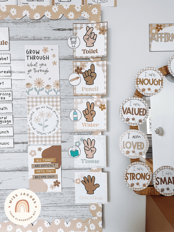Hand Signals | Daisy Gingham Neutrals Classroom Decor - Miss Jacobs Little Learners