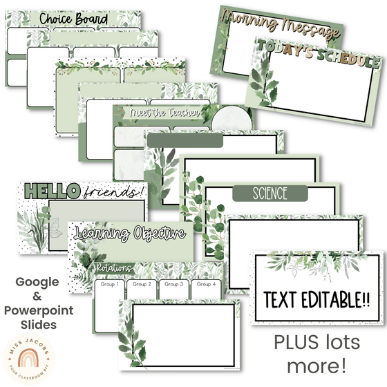 Leafy Green Botanical Slides | Editable Morning Slides with Timers - Miss Jacobs Little Learners