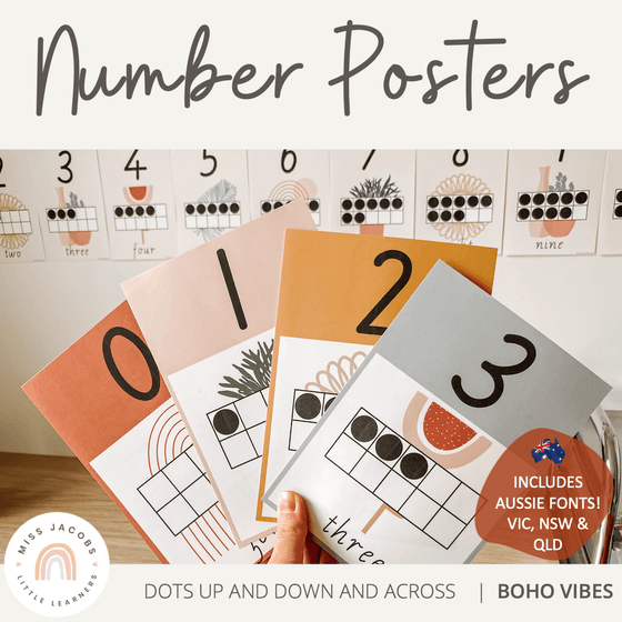 Modern Boho Vibes Number Posters with Ten Frames | Aussie Fonts - Miss Jacobs Little Learners