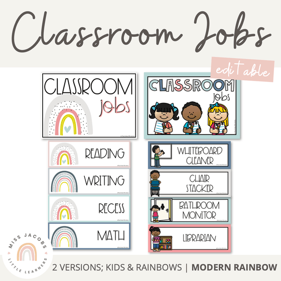Modern Rainbow Classroom Jobs Display | Editable Boho Rainbow Class Jobs - Miss Jacobs Little Learners