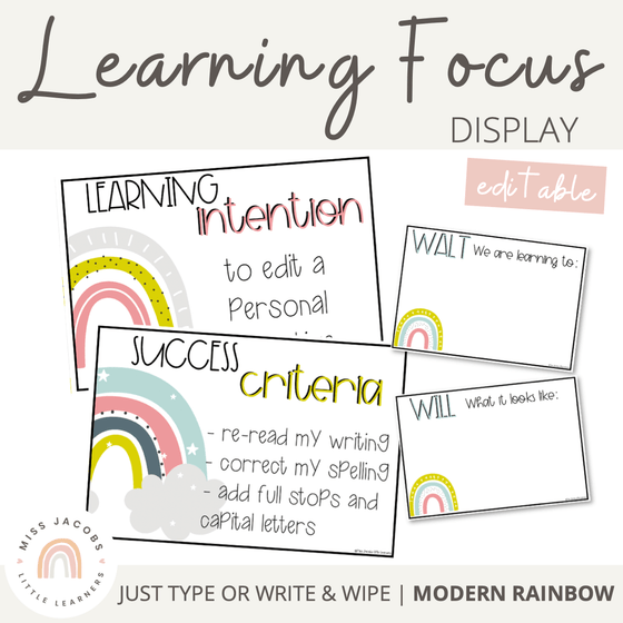 Modern Rainbow Learning Intention Posters | Editable Boho Rainbow Decor - Miss Jacobs Little Learners