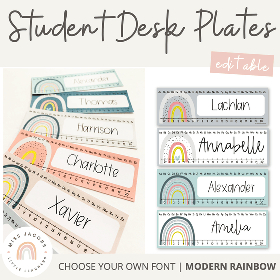 Modern Rainbow Student Desk Plates | Editable Boho Rainbow Name Tags - Miss Jacobs Little Learners