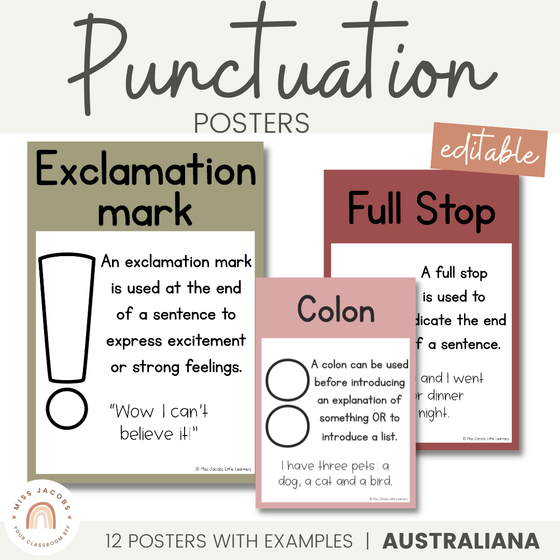 Punctuation Posters | Australiana Classroom Decor | Australian Flora and Fauna | Miss Jacobs Little Learners | Editable