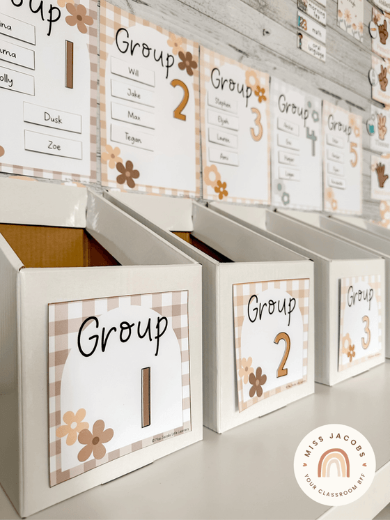 Reading Groups Organizers & Labels | Daisy Gingham Neutrals Classroom Decor | Editable - Miss Jacobs Little Learners