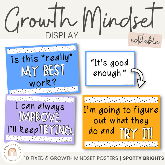 Spotty Brights Themed Growth Mindset Posters | Rainbow Color Palette | Editable - Miss Jacobs Little Learners