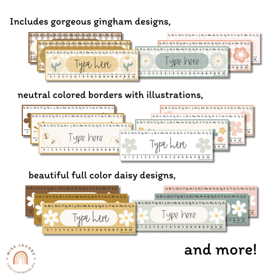 Student Desk Plates & Supply Labels | Daisy Gingham Neutrals Classroom Decor - Miss Jacobs Little Learners