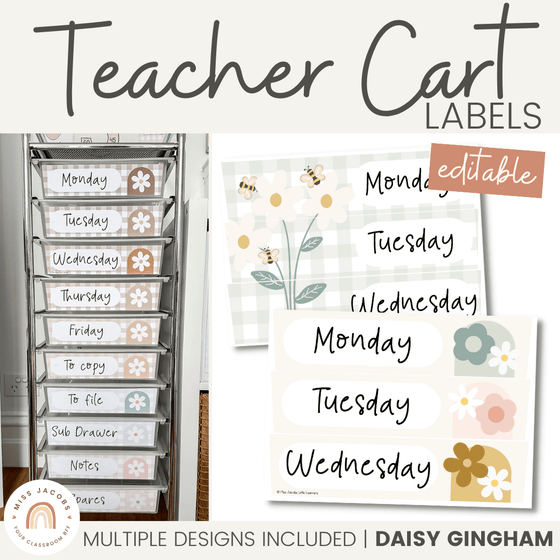 Teacher Trolley Labels | 10 Drawer Cart Labels Daisy Gingham Theme - Miss Jacobs Little Learners