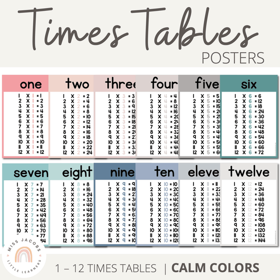 Times Tables Posters | MODERN RAINBOW Color Palette | Calm Colors Decor - Miss Jacobs Little Learners