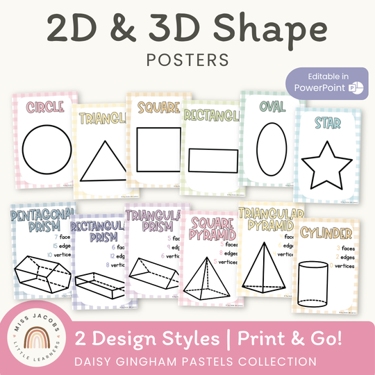 2D & 3D Shape Posters - Daisy Gingham Pastels Math Decor