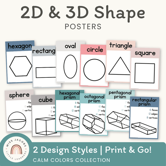 2D & 3D Shape Posters - Calm Colors Math Decor