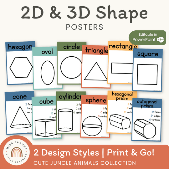 2D & 3D Shape Posters - Cute Jungle Animals Math Decor