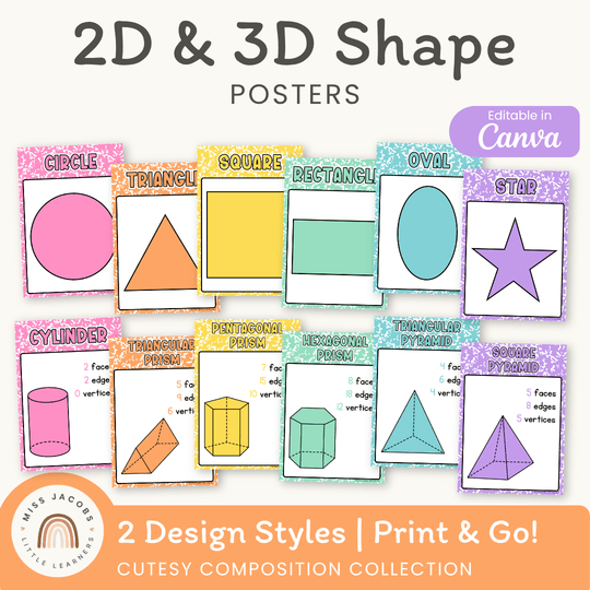2D & 3D Shape Posters - Cutesy Composition Notebook Math Decor
