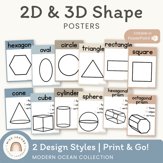 2D & 3D Shape Posters - Modern Ocean Math Decor