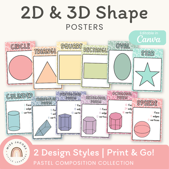2D & 3D Shape Posters - Pastel Composition Notebook Math Decor