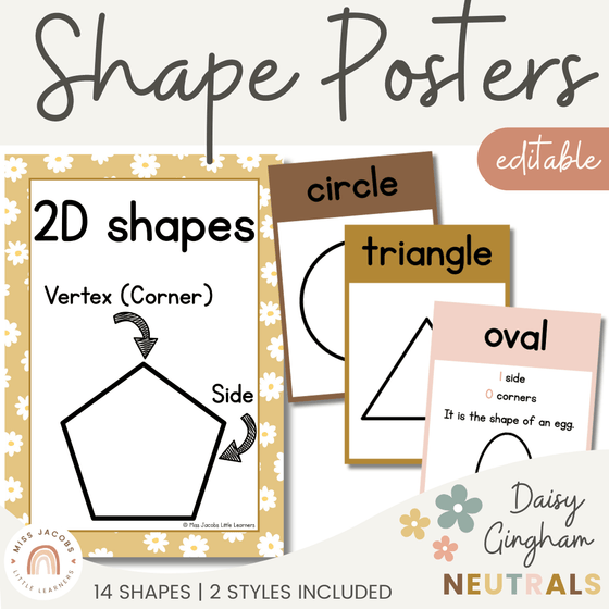 2D Shape Posters | Daisy Gingham Neutral Math Classroom Decor - Miss Jacobs Little Learners