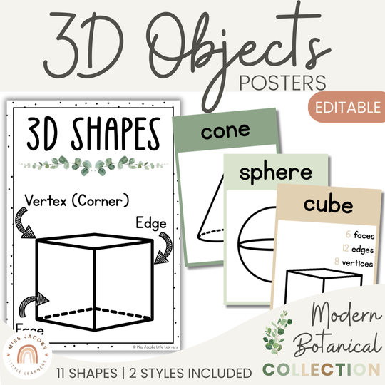 3D Objects Posters - Modern Botanical Classroom Decor