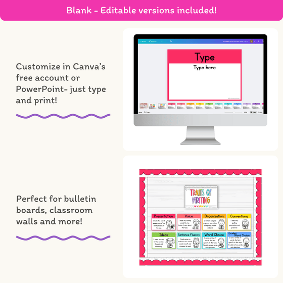 6 + 1 Traits of Writing Posters - Bright Theme - Miss Jacobs Little Learners