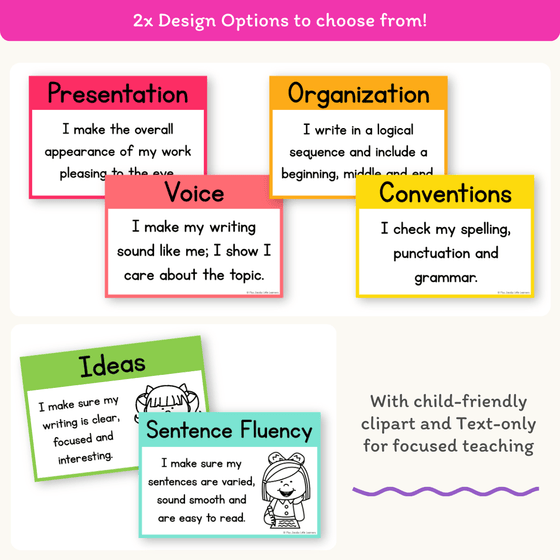 6 + 1 Traits of Writing Posters - Bright Theme - Miss Jacobs Little Learners