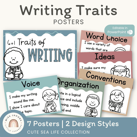 6 + 1 Traits of Writing Posters  - Cute Sea Life Classroom Decor