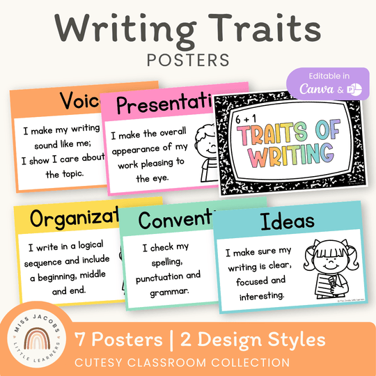 6 + 1 Traits of Writing Posters - Cutesy Classroom Decor