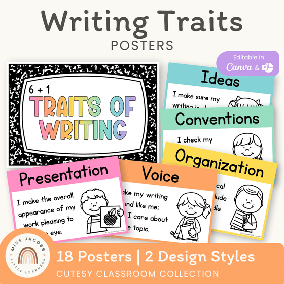 6 + 1 Traits of Writing Posters - Cutesy Classroom Decor - Miss Jacobs Little Learners