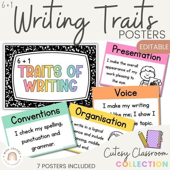 6 + 1 Traits of Writing Posters - Cutesy Classroom Decor - Miss Jacobs Little Learners