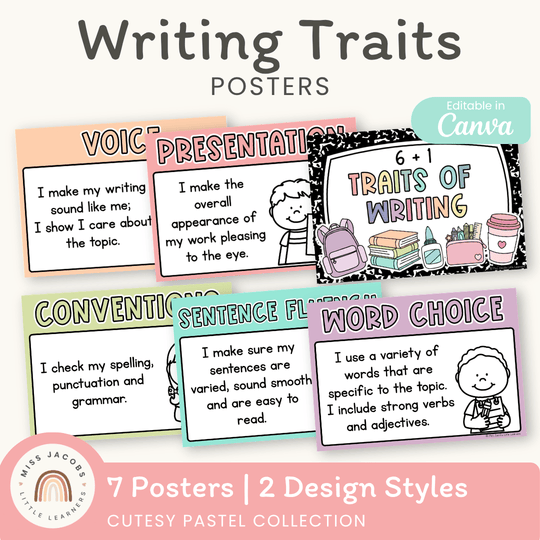 6 + 1 Traits of Writing Posters - Cutesy Pastel English Decor