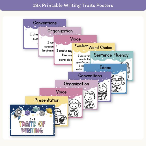 6 + 1 Traits of Writing Posters - Dreamy Space Theme - Miss Jacobs Little Learners