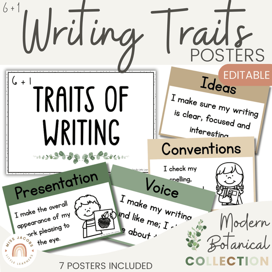 6 + 1 Traits of Writing Posters - Modern Botanical Theme - Miss Jacobs Little Learners