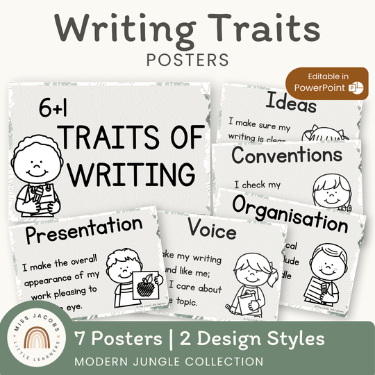6 + 1 Traits of Writing Posters - Modern Jungle Classroom Decor