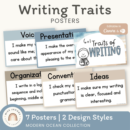6 + 1 Traits of Writing Posters - Modern Ocean Classroom Decor