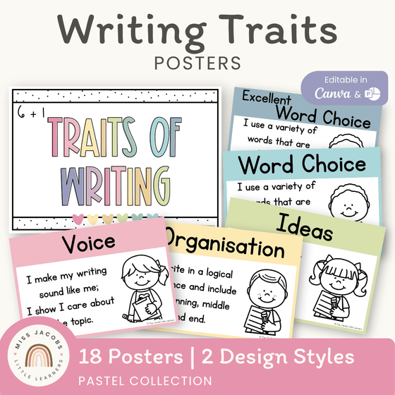 6 + 1 Traits of Writing Posters - Pastel Classroom Theme - Miss Jacobs Little Learners