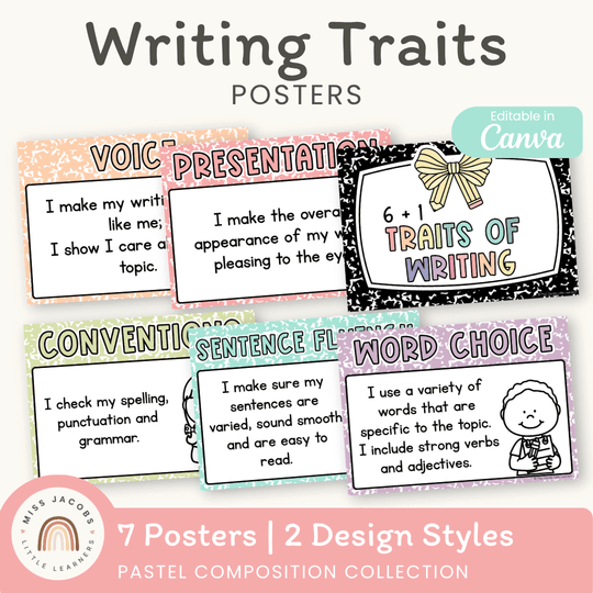 6 + 1 Traits of Writing Posters - Pastel Composition Notebook English Decor