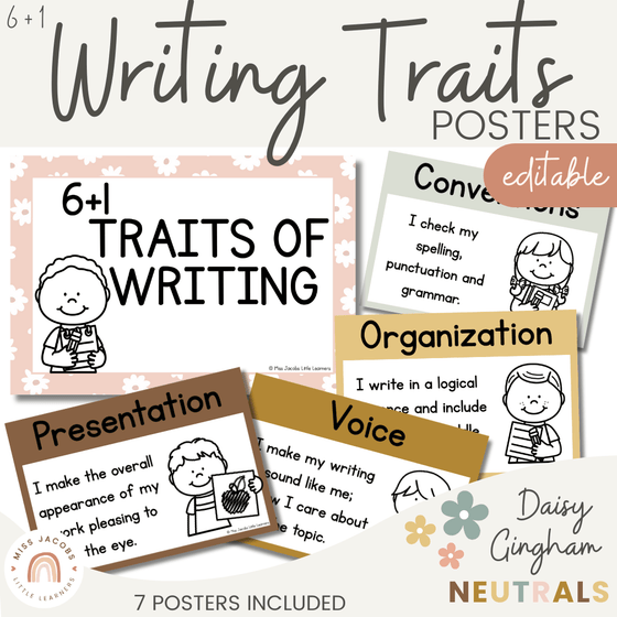 6+1 Writing Traits Posters | Daisy Gingham Neutrals English Classroom Decor - Miss Jacobs Little Learners