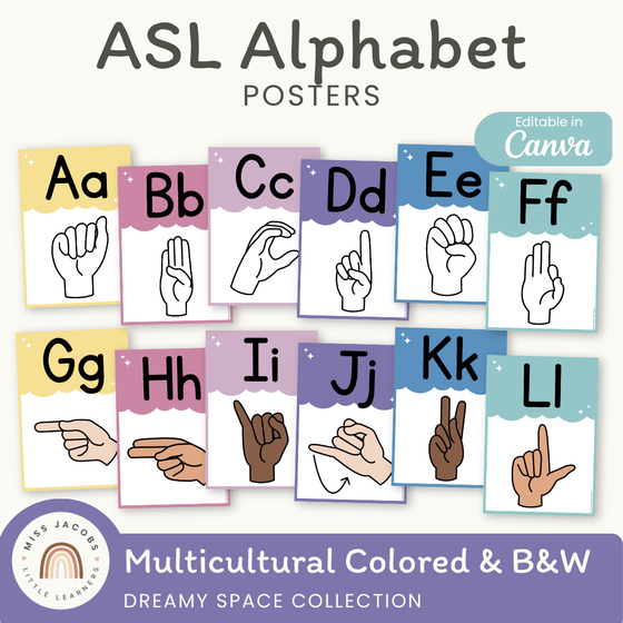 ASL Alphabet Posters: American Sign Language - Dreamy Space Classroom Decor - Miss Jacobs Little Learners